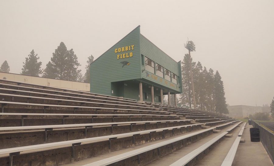 Corbit Field in Rathdrum, Idaho on Saturday around 1 p.m., showing the amount of smoke that is in the air. 