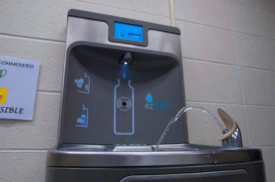 Drinking fountain running by the office at 7:50am on Wednesday April 28th, 2020 inside the Lakeland High School.