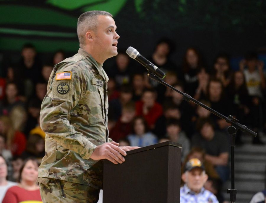 Army Staff Sergeant Preston Lea giving a speech to the student body
