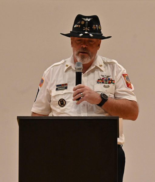 A veteran gives a speech at the assembly 