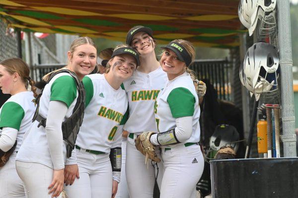 Peyton Sterling, Aubrie Goncalves, Alyssa Ryckman, and Baylee Frank posing for a picture in the dugout. 
